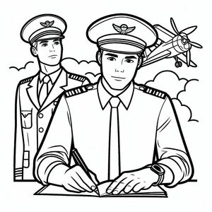 A coloring page of a pilot and a pilot in uniform