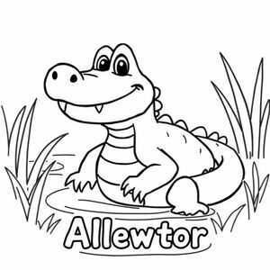 Cartoon friendly full-body Alligator that is smiling with teeth and a solid black cartoon eye in a swamp also the have the label of the animal underneath it once in a bubble outline to color 