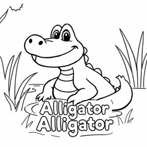 Cartoon friendly full-body Alligator that is smiling with teeth and a solid black cartoon eye in a swamp also the have the label "Alligator" once underneath it in a bubble outline to color 