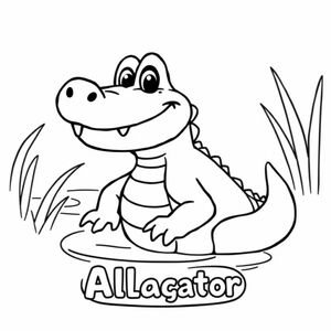 Cartoon friendly full-body Alligator that is smiling with teeth and a solid black cartoon eye in a swamp also the have the label underneath it in a bubble outline to color 