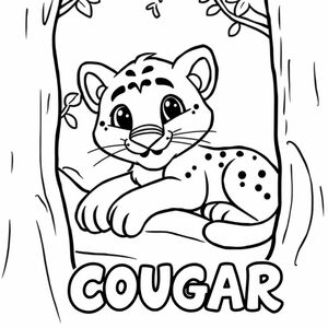 Cartoon friendly full-body cougar that is smiling and a solid black cartoon eye laying in a tree also the have "COUGAR" underneath it in a bubble outline to color 