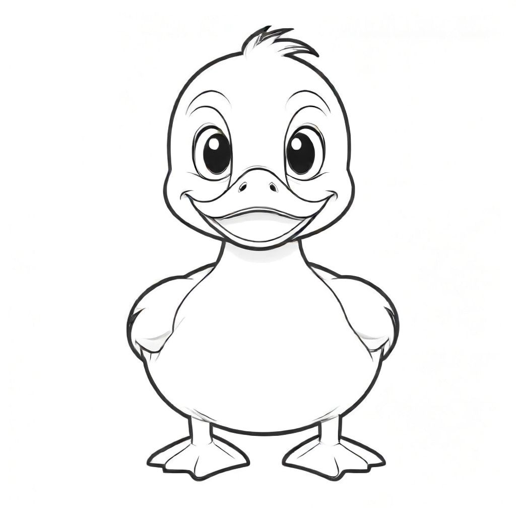 Cartoon friendly full-body duck that is smiling and a solid black cartoon eye in a pond also the have "DUCK" underneath it in a bubble outline to color 