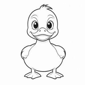 Cartoon friendly full-body duck that is smiling and a solid black cartoon eye in a pond also the have "DUCK" underneath it in a bubble outline to color 