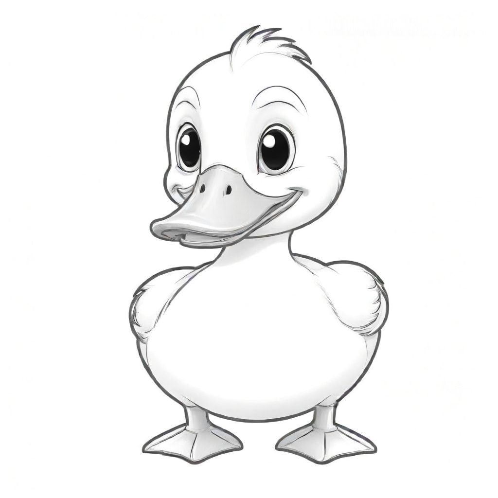Cartoon friendly profile full-body duck that is smiling and a solid black cartoon eye swimming in a pond. Also have "DUCK" underneath it in a bubble outline to color 