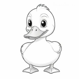 Cartoon friendly profile full-body duck that is smiling and a solid black cartoon eye swimming in a pond. Also have "DUCK" underneath it in a bubble outline to color 