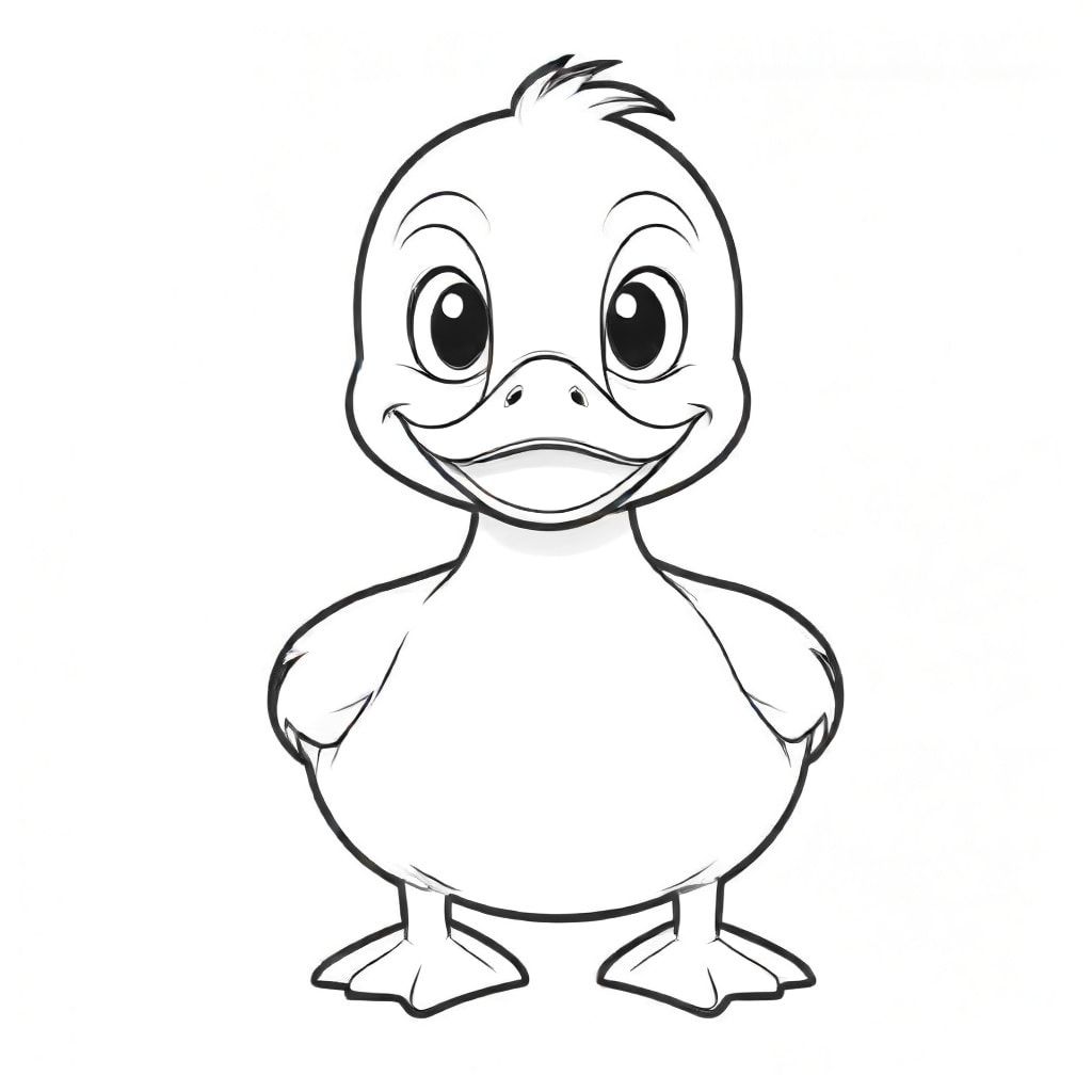 Cartoon friendly full-body duck that is smiling and a solid black cartoon eye that is swimming in a pond. Also have the word "DUCK" underneath it in a bubble outline to color 