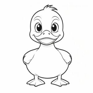 Cartoon friendly full-body duck that is smiling and a solid black cartoon eye that is swimming in a pond. Also have the word "DUCK" underneath it in a bubble outline to color 