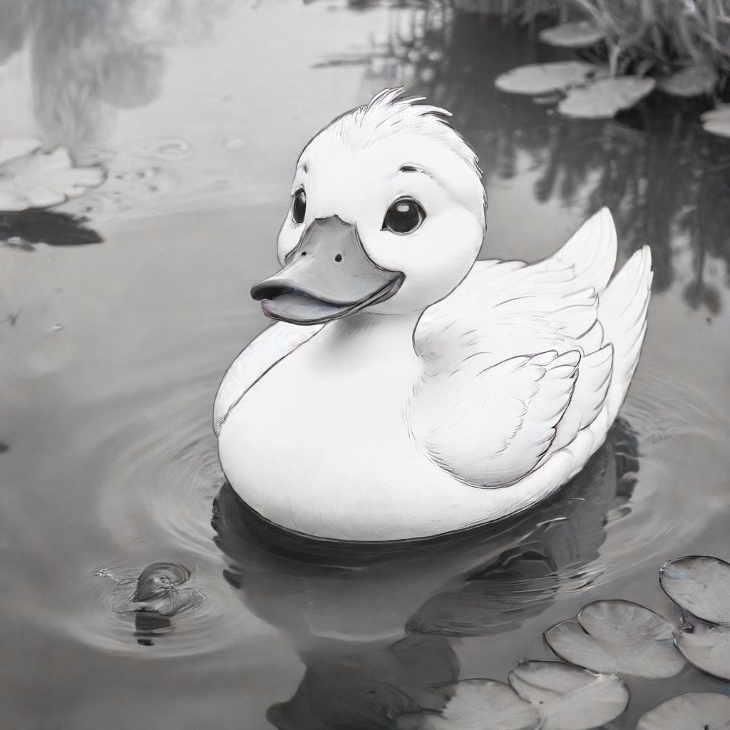 Cartoon friendly profile full-body duck swimming in a pond that is smiling and a solid black cartoon eye. Have "DUCK" underneath it in a bubble outline to color 