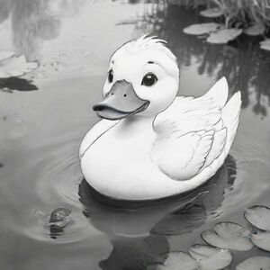 Cartoon friendly profile full-body duck swimming in a pond that is smiling and a solid black cartoon eye. Have "DUCK" underneath it in a bubble outline to color 