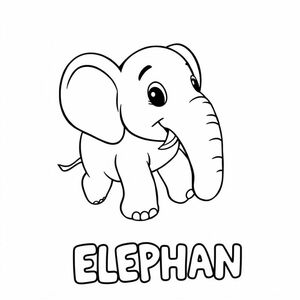 Cartoon friendly profile full-body elephant that is smiling and a solid black cartoon eye swimming in a safari. Also have "ELEPHANT" underneath it in a bubble outline to color 