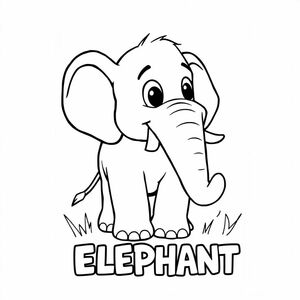 Con voi toàn thân thân thân thiện với phim hoạt hình đang mỉm cười và đôi mắt hoạt hình màu đen rắn trong một chuyến đi săn. Ngoài ra, hãy có chữ "ELEPHANT" bên dưới nó trong một đường viền bong bóng để tô màu 