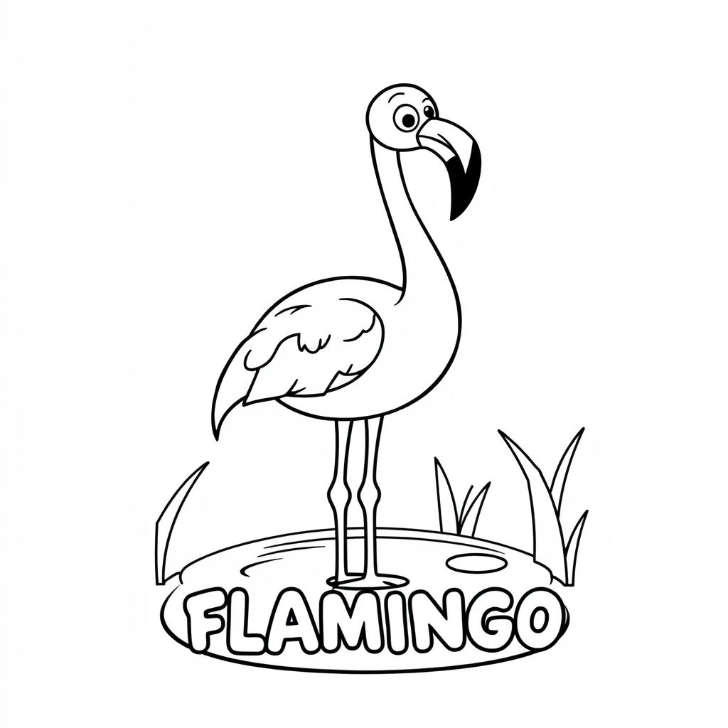 Cartoon friendly full-body flamingo that is smiling and a solid black cartoon eye in a pond. Also have "FLAMINGO" underneath it in a bubble outline to color 