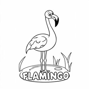 Cartoon friendly full-body flamingo that is smiling and a solid black cartoon eye in a pond. Also have "FLAMINGO" underneath it in a bubble outline to color 
