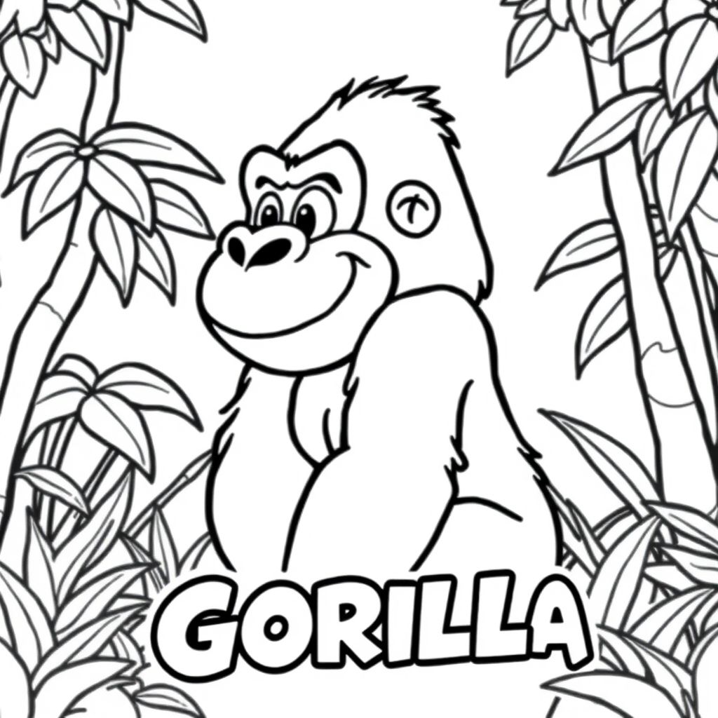 Cartoon friendly profile full-body gorilla that is smiling and a solid black cartoon eye in a jungle. Also have "GORILLA" underneath it in a bubble outline to color 