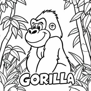 Cartoon friendly profile full-body gorilla that is smiling and a solid black cartoon eye in a jungle. Also have "GORILLA" underneath it in a bubble outline to color 