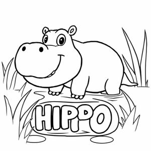 Cartoon friendly profile full-body hippo that is smiling and a solid black cartoon eye swimming in a swamp. Also have "HIPPO" underneath it in a bubble outline to color 