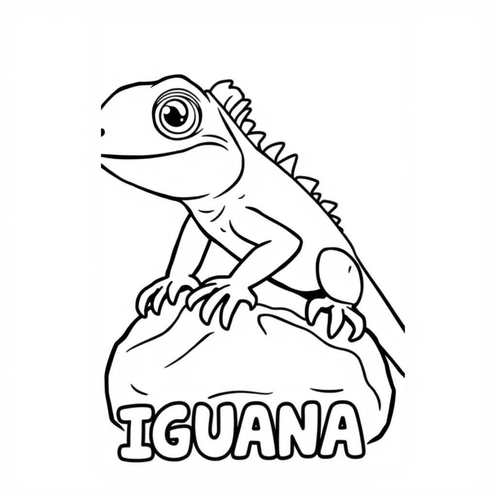 Cartoon friendly profile full-body iguana that is smiling and a solid black cartoon eye on a rock. Also have "IGUANA" underneath it in a bubble outline to color 