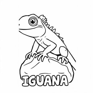 Cartoon friendly profile full-body iguana that is smiling and a solid black cartoon eye on a rock. Also have "IGUANA" underneath it in a bubble outline to color 