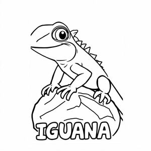 Cartoon friendly profile full-body iguana that is smiling and a solid black cartoon eye on a rock. Also have "IGUANA" underneath it in a bubble outline to color. Make it fit-to-page