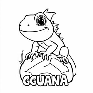 Cartoon friendly iguana that is smiling and a solid black cartoon eye on a rock. Also have IGUANA underneath it in a bubble outline to color 