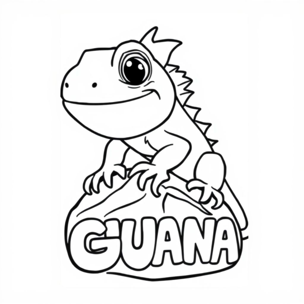 Cartoon friendly iguana that is smiling and a solid black cartoon eye a rock. Also have the word IGUANA underneath it in a bubble outline to color 