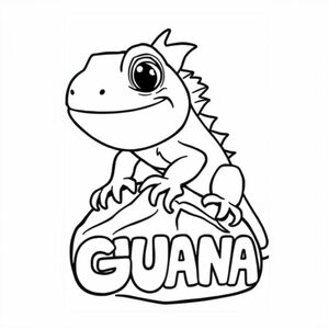 Cartoon friendly iguana that is smiling and a solid black cartoon eye a rock. Also have the word IGUANA underneath it in a bubble outline to color 