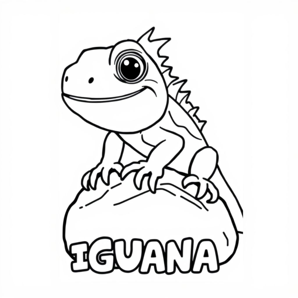 Cartoon friendly iguana that is smiling and a solid black cartoon eye on a rock. Also the word "IGUANA" underneath it in a bubble outline to color 