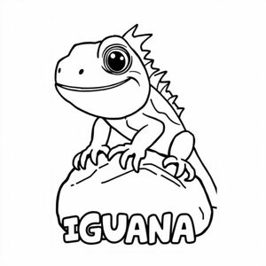 Cartoon friendly iguana that is smiling and a solid black cartoon eye on a rock. Also the word "IGUANA" underneath it in a bubble outline to color 
