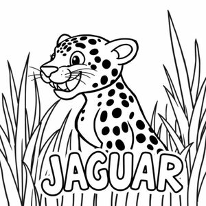 Cartoon friendly profile full-body jaguar that is smiling with teeth and a solid black cartoon eye in the tall grass. Also have "JAGUAR" underneath it in a bubble outline to color 