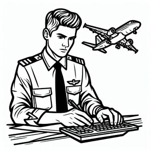 A man in uniform typing on a keyboard