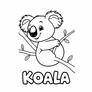 Cartoon friendly profile full-body koala that is smiling and a solid black cartoon eye in a tree. Also have "KOALA" underneath it in a bubble outline to color 