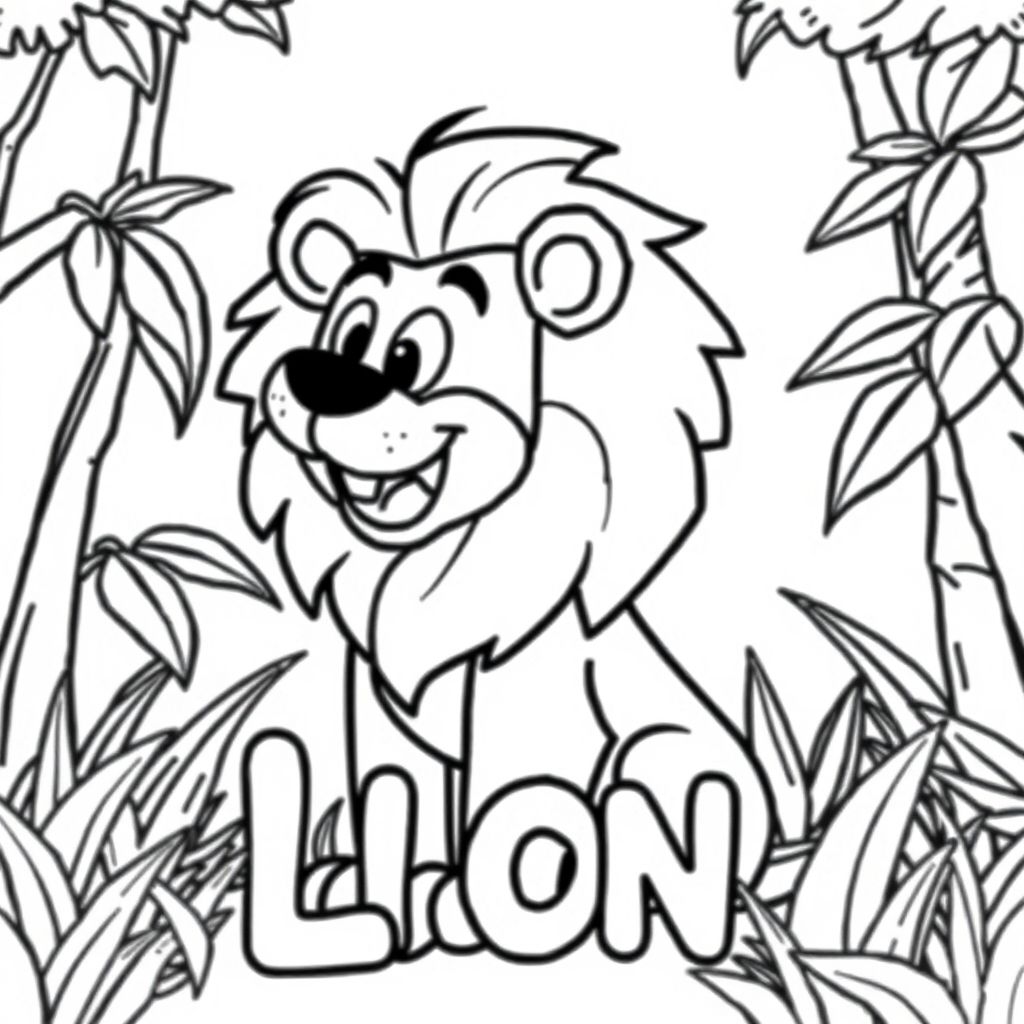 Cartoon friendly profile full-body lion that is smiling with teeth and a solid black cartoon eye in the jungle. Also have "LION" underneath it in a bubble outline to color 