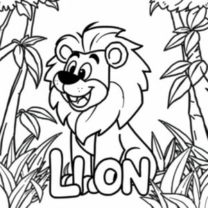 Cartoon friendly profile full-body lion that is smiling with teeth and a solid black cartoon eye in the jungle. Also have "LION" underneath it in a bubble outline to color 