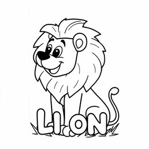 Cartoon friendly profile full-body lion that is smiling and a solid black cartoon eye in the safari. Also have "LION" underneath it in a bubble outline to color 