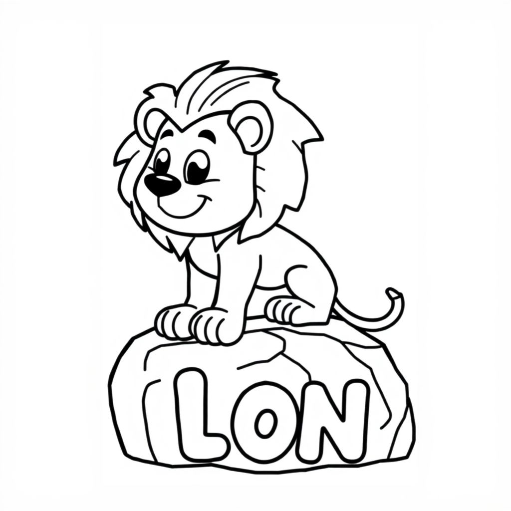 Cartoon friendly profile full-body lion that is smiling and a solid black cartoon eye on Pride Rock. Also have "LION" underneath it in a bubble outline to color 