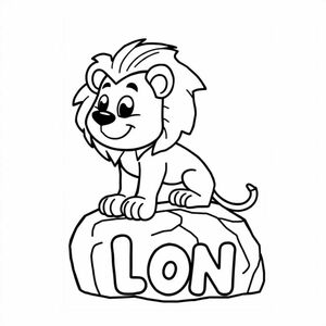 Cartoon friendly profile full-body lion that is smiling and a solid black cartoon eye on Pride Rock. Also have "LION" underneath it in a bubble outline to color 