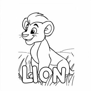 Cartoon friendly profile full-body Simba that is smiling and a solid black cartoon eye in the grasslands. Also have "LION" underneath it in a bubble outline to color 