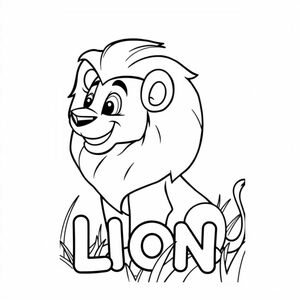Cartoon friendly profile full-body Mufasa-like lion that is smiling and a solid black cartoon eye in the grassland. Also have "LION" underneath it in a bubble outline to color 
