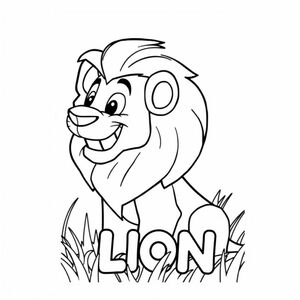 Cartoon friendly profile full-body Mufasa-like lion that is smiling with teeth and a solid black cartoon eye in the grasslands. Also have "LION" underneath it in a bubble outline to color 