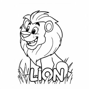 Cartoon friendly profile full-body Mufasa-like lion that is smiling with sharp teeth and a solid black cartoon eye in the grasslands. Also have "LION" underneath it in a bubble outline to color 