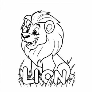 Cartoon friendly profile full-body adult Simba-like Lion that is smiling with teeth and a solid black cartoon eye in the grasslands. Also have "LION" underneath it in a bubble outline to color 