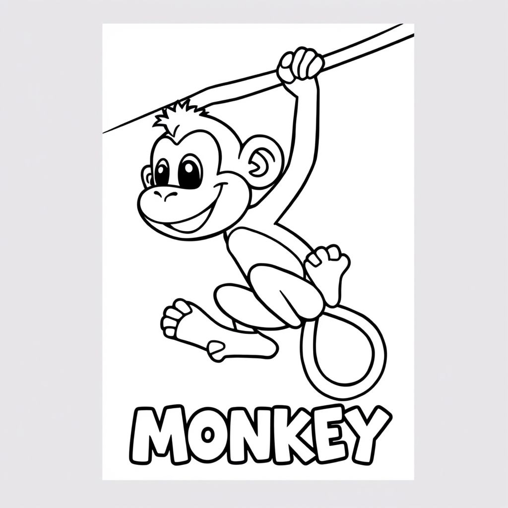 Cartoon friendly profile full-body monkey that is smiling and a solid black cartoon eye hanging from a banana tree. Also have "MONKEY" underneath it in a bubble outline to color 