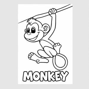 Cartoon friendly profile full-body monkey that is smiling and a solid black cartoon eye hanging from a banana tree. Also have "MONKEY" underneath it in a bubble outline to color 