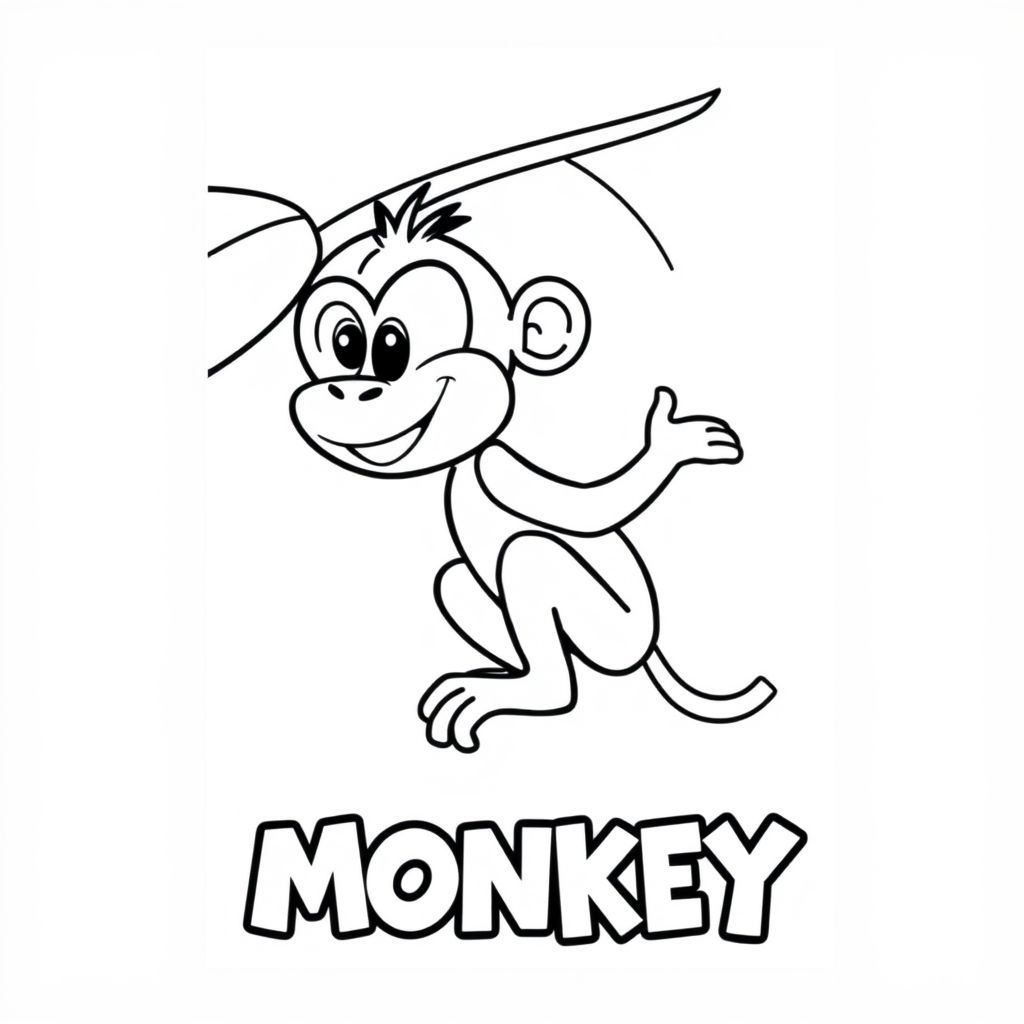Cartoon friendly profile full-body monkey that is smiling and a solid black cartoon eye in a banana tree. Also have "MONKEY" underneath it in a bubble outline to color 