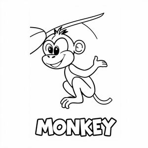 Cartoon friendly profile full-body monkey that is smiling and a solid black cartoon eye in a banana tree. Also have "MONKEY" underneath it in a bubble outline to color 