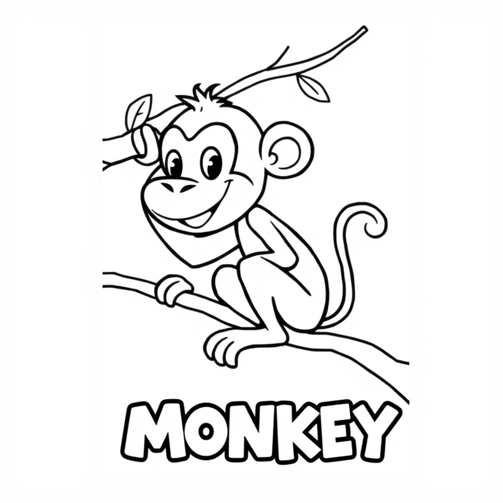 Cartoon friendly profile full-body monkey that is smiling and a solid black cartoon eye in a tree. Also have "MONKEY" underneath it in a bubble outline to color 