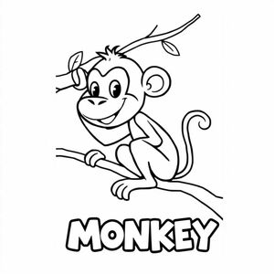 Cartoon friendly profile full-body monkey that is smiling and a solid black cartoon eye in a tree. Also have "MONKEY" underneath it in a bubble outline to color 