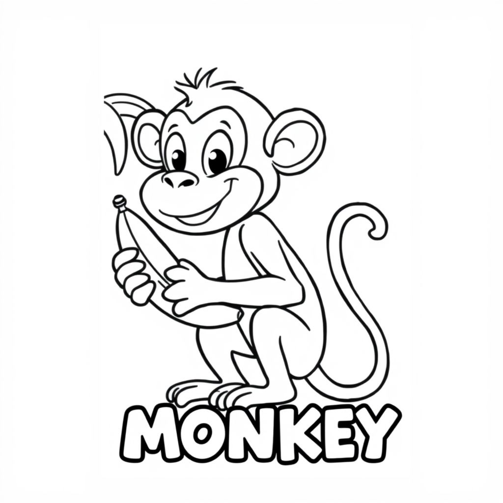 Cartoon friendly profile full-body monkey that is smiling and a solid black cartoon eye holding a banana by a tree. Also have "MONKEY" underneath it in a bubble outline to color 