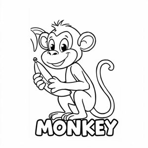 Cartoon friendly profile full-body monkey that is smiling and a solid black cartoon eye holding a banana by a tree. Also have "MONKEY" underneath it in a bubble outline to color 