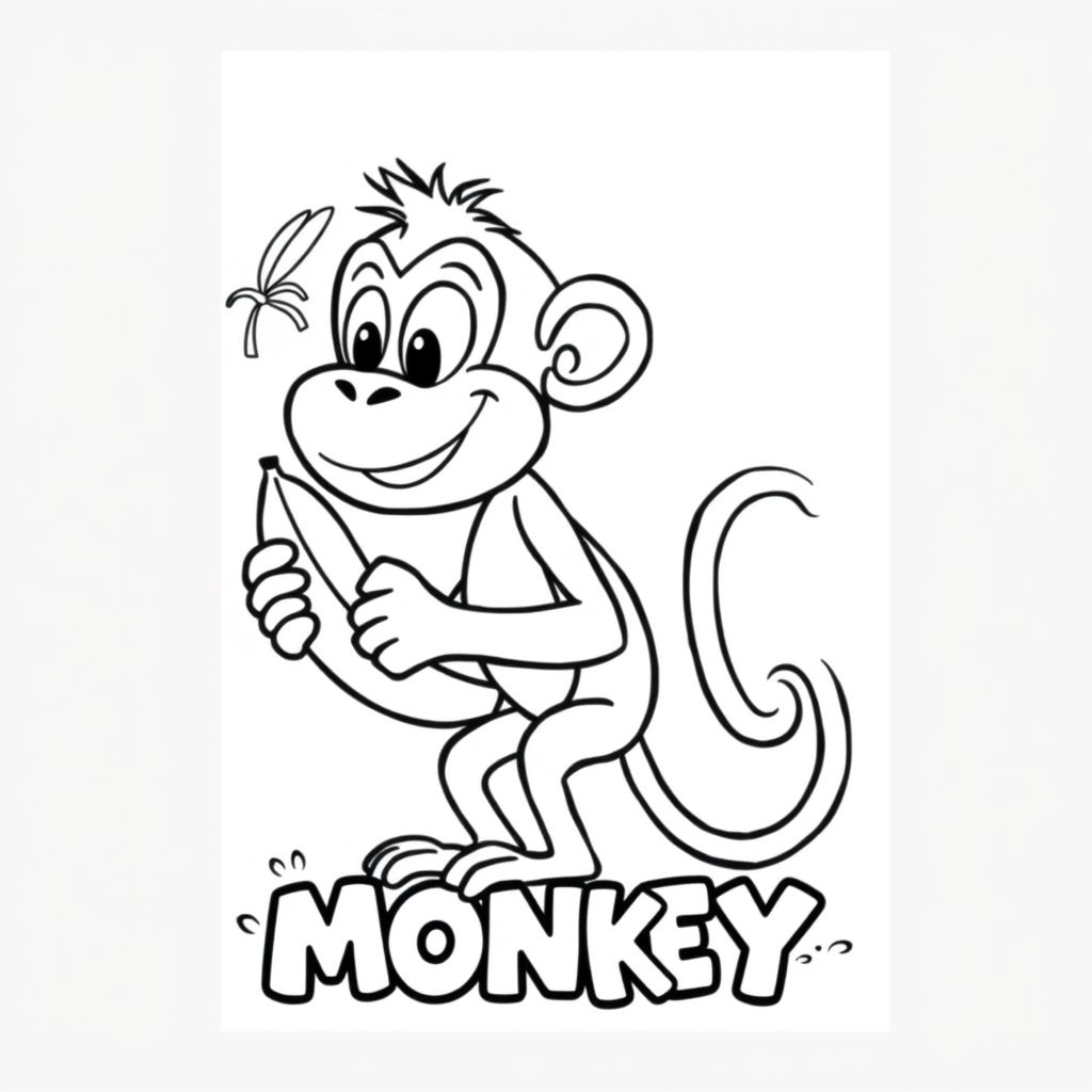 Cartoon friendly profile full-body monkey that is smiling and a solid black cartoon eye standing next to a tree while holding a banana. Also have "MONKEY" underneath it in a bubble outline to color 